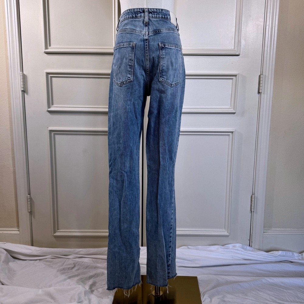 Zara Distressed Hi-Rise Straight Leg Jeans Women's 4 Blue Denim Slit Hem Acid - Picture 2 of 13